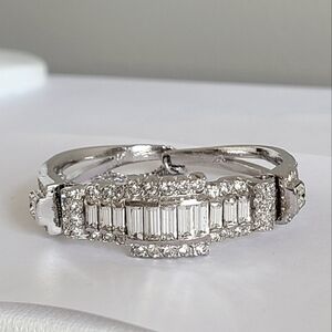 Vintage Crystal Rhinestone Baguette Encrusted Hinged Silver Bangle Bracelet